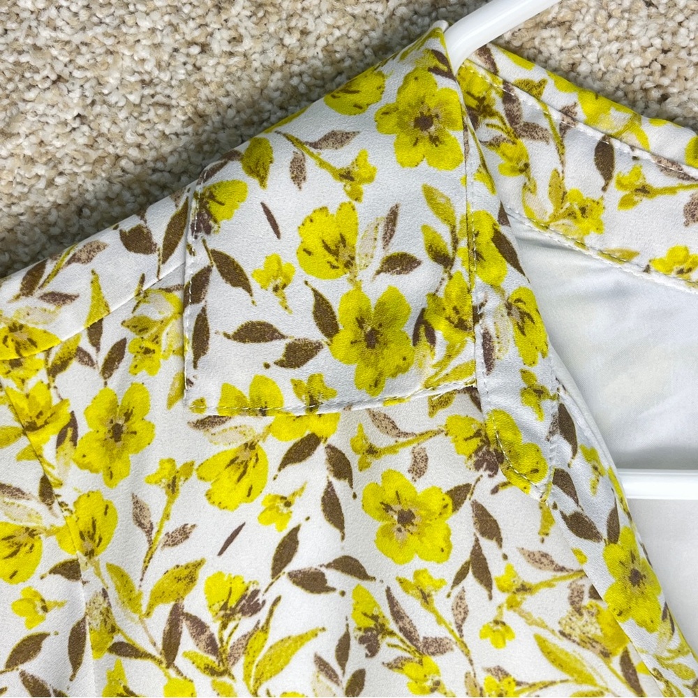 Imperfect yellow floral pocket dress vneck pointed collar lined bright bohemian - Picture 8 of 16